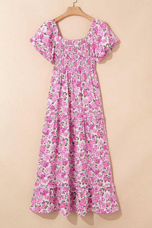 Pink Dainty Floral Smocked Puff Sleeve Flowy Long Dress